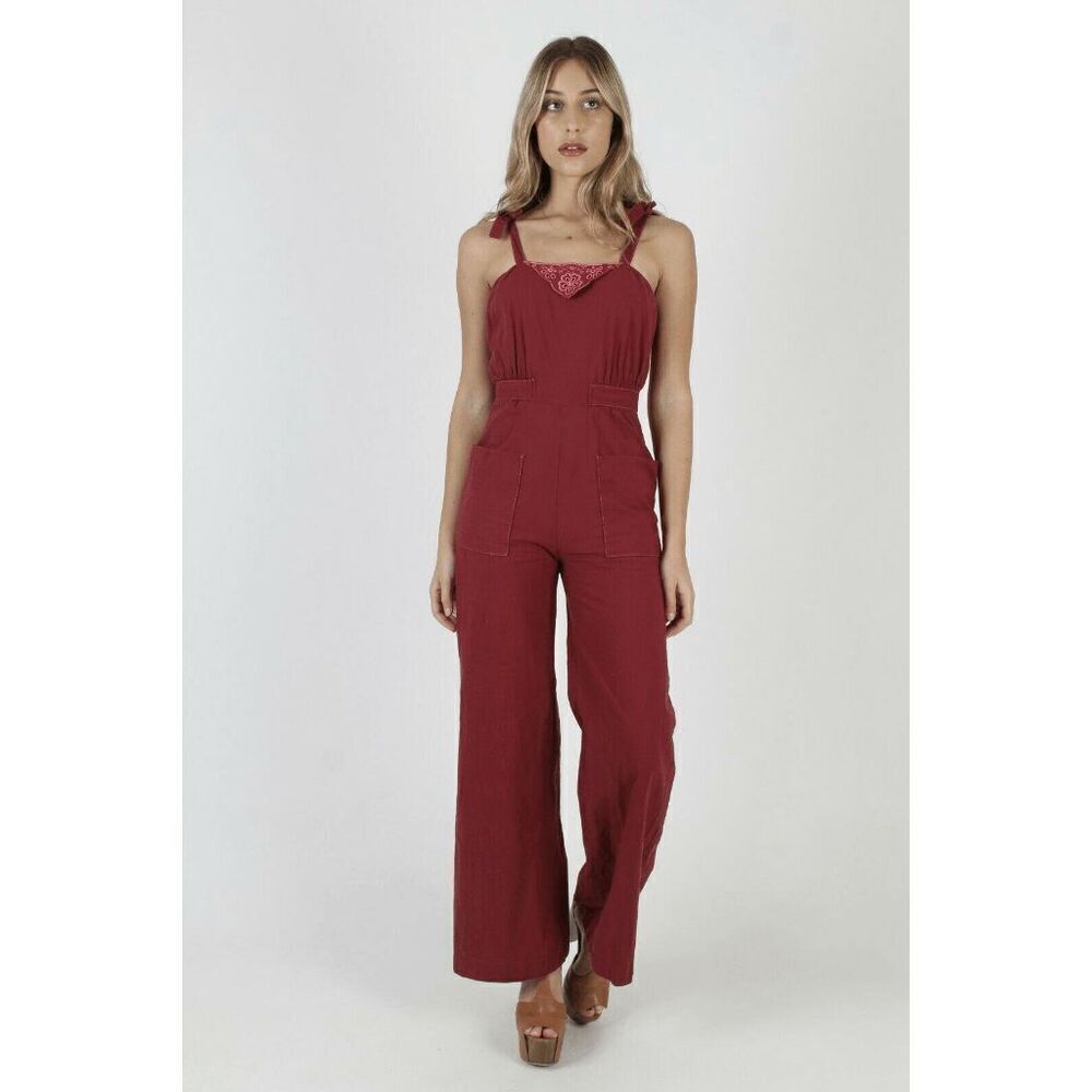 Young Edwardian Vintage 1970s Burgundy Floral Embroidered Disco Jumpsuit - Picture 2 of 12